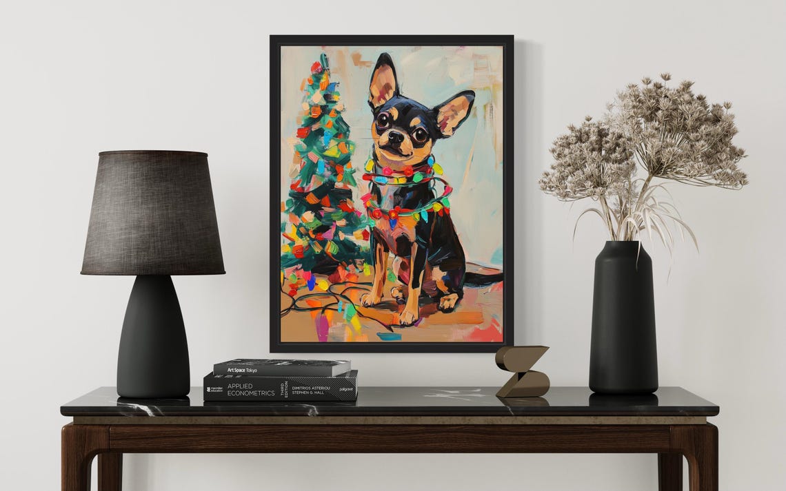 Black Chihuahua Wrapped in Colorful Christmas Lights Holiday Poster - Image 2