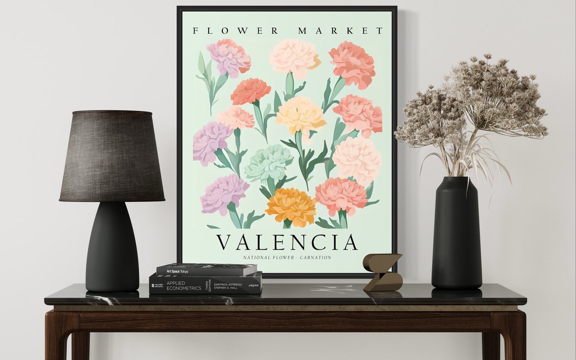 Valencia Spain Flower Market Carnation Pastel Botanical Art Poster - Image 2