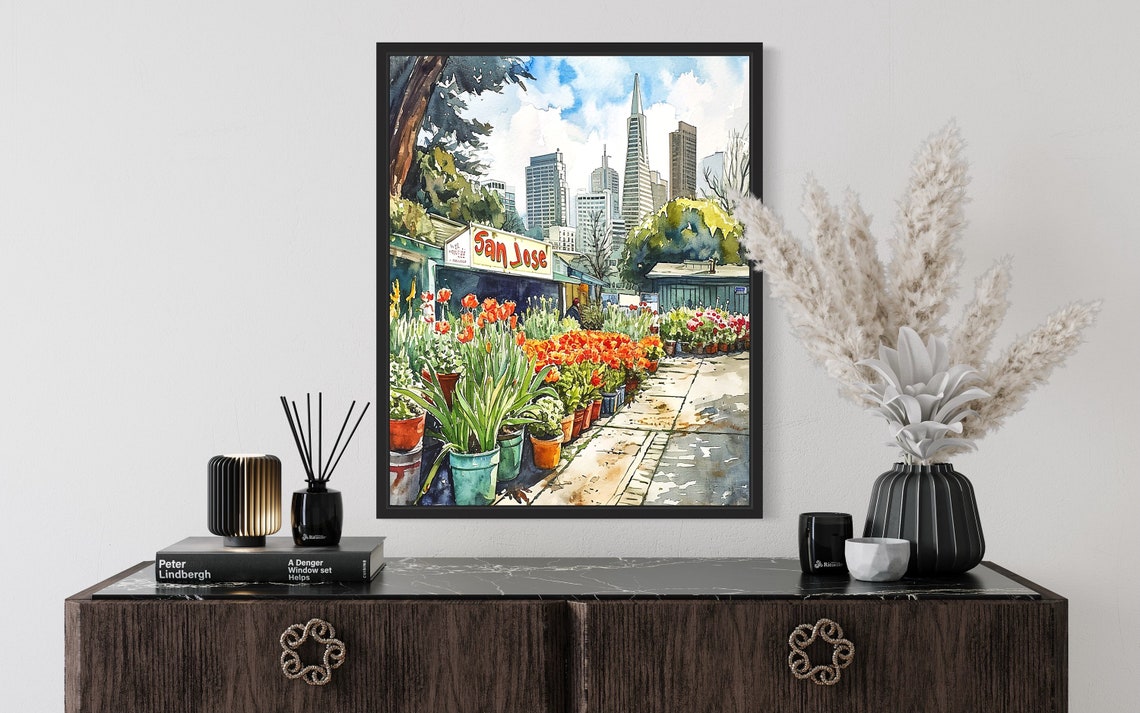 San Jose California Skyline Watercolor Flower Market Scene Poster - Image 2