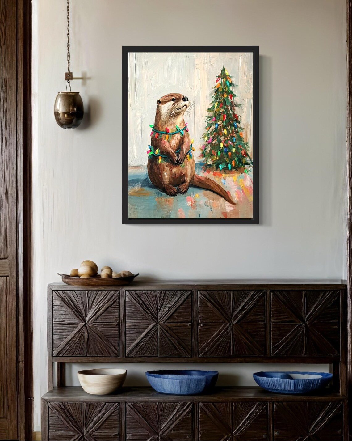 Otter Tangled in Christmas Lights Art Print - Image 2