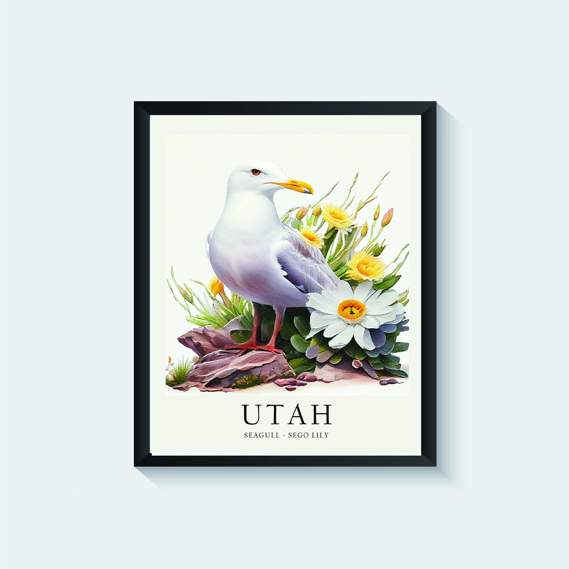 Utah Seagull Sego Lily Coastal Desert Bird Watercolor Poster - Image 3