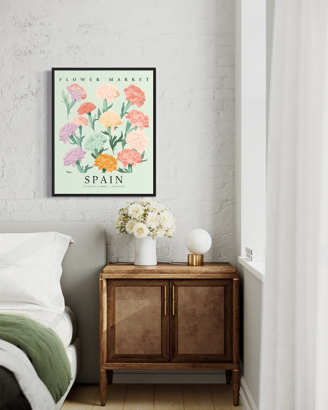 Spain National Flower Carnation, Neutral Botanical Art Print - Image 2