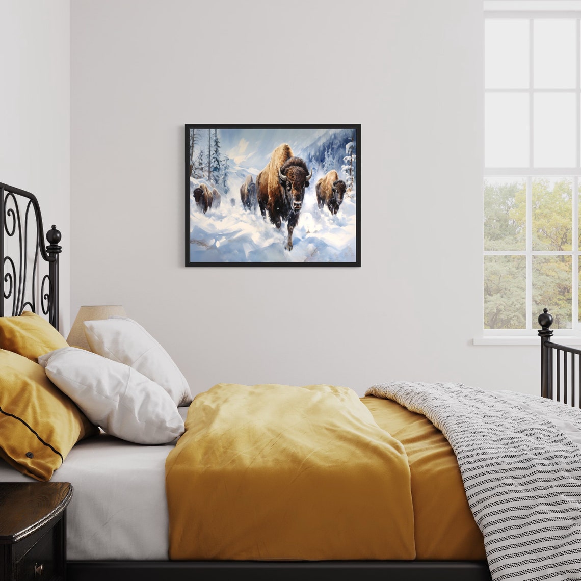 Bison Herd Charging Through Deep Snow Mountain Painting Poster - Image 2