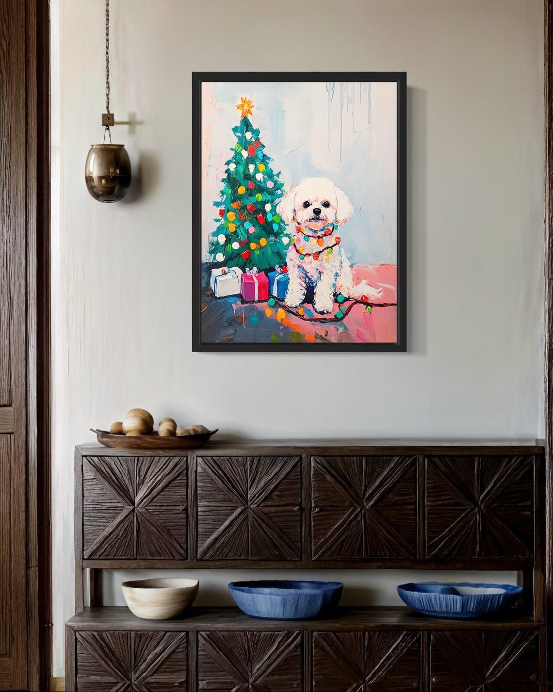 Bichon Frise Puppy Wrapped in Christmas Lights by Holiday Tree Poster - Image 2