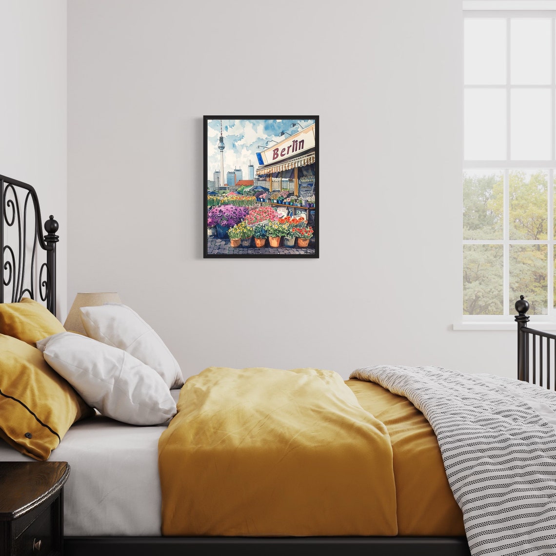 Berlin Germany TV Tower Watercolor Flower Market Scene Poster - Image 3