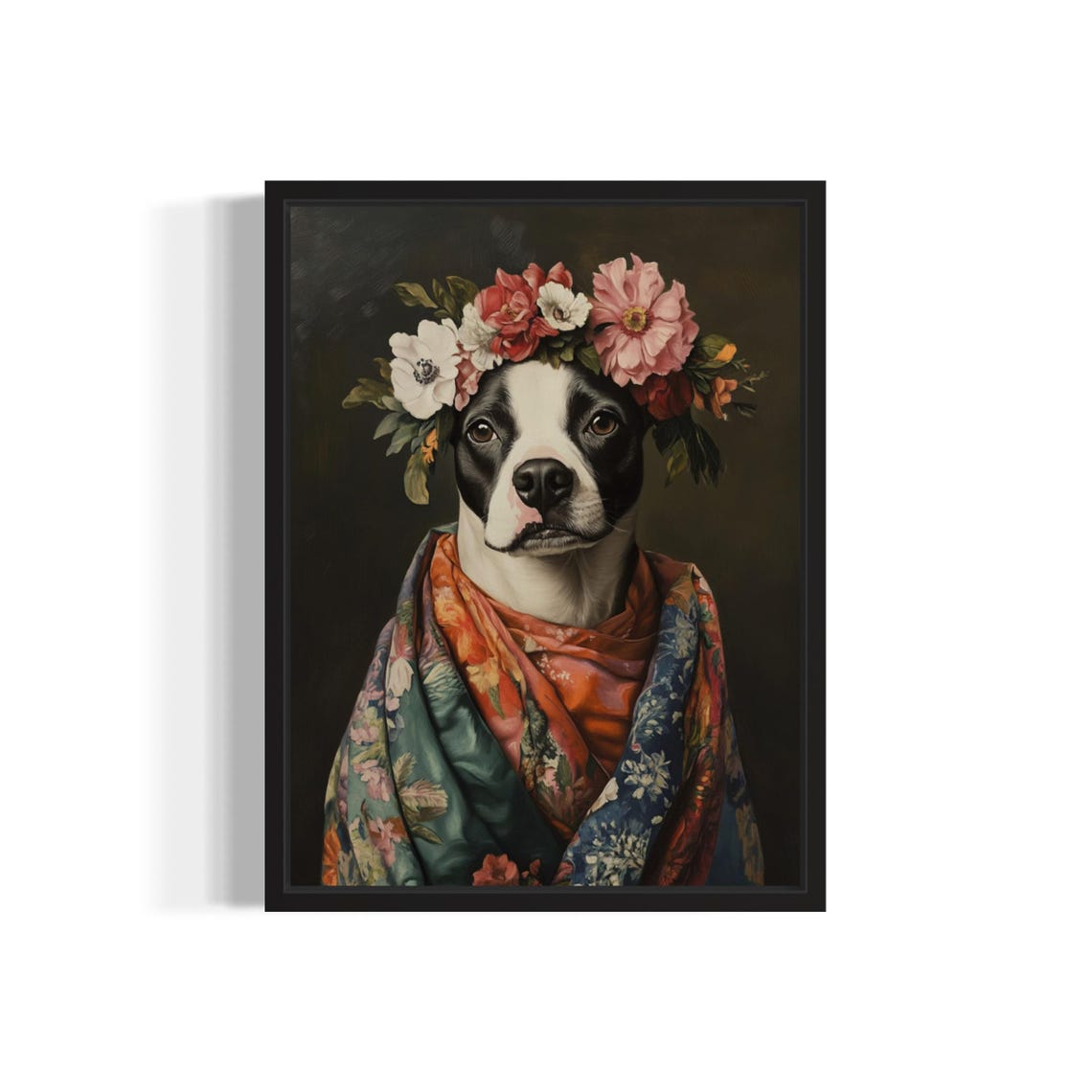 Boston Terrier Flower Crown Kimono Portrait Japanese Style Dog Poster