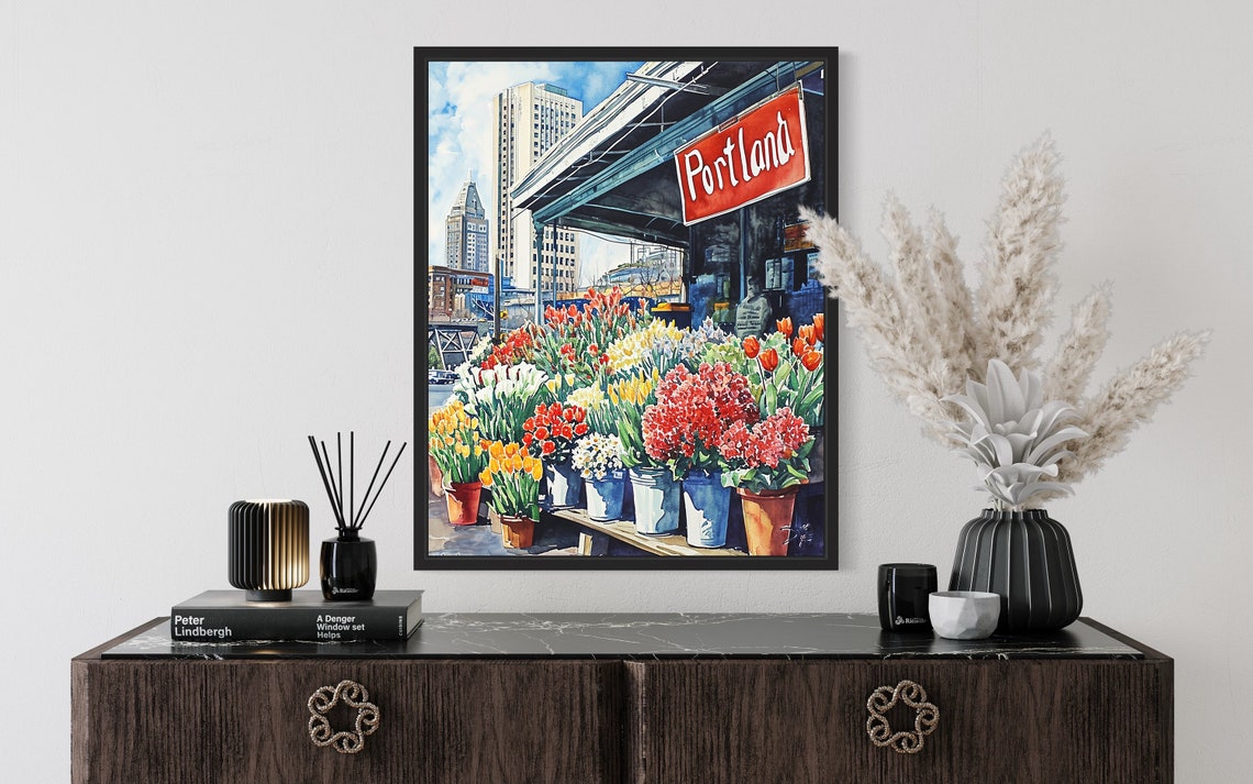 Portland Oregon Market Storefront Watercolor Flower Scene Poster - Image 2