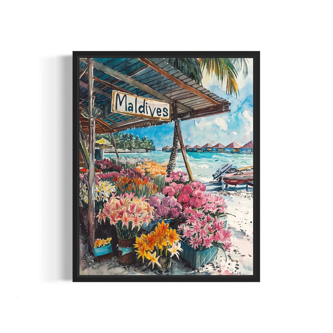Maldives Flower Market Watercolor Poster Beach Island Paradise