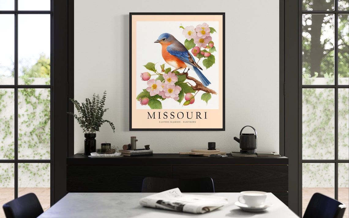 Missouri Bluebird Hawthorn Blossom Bird Watercolor Print Artwork - Image 3