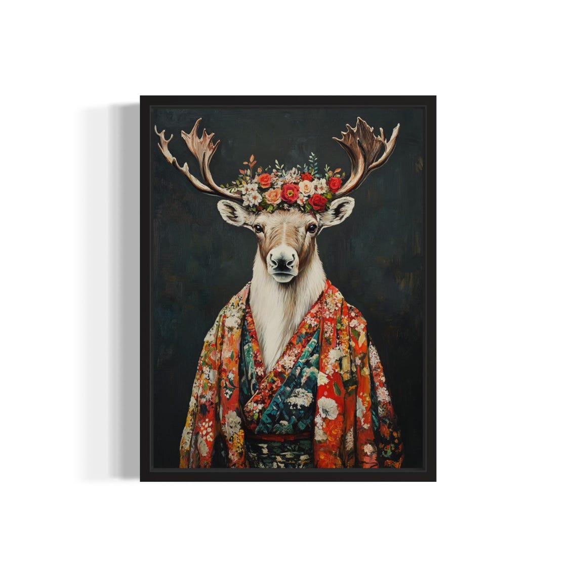 Caribou Flower Crown Kimono Portrait Antlers Japanese Animal Poster