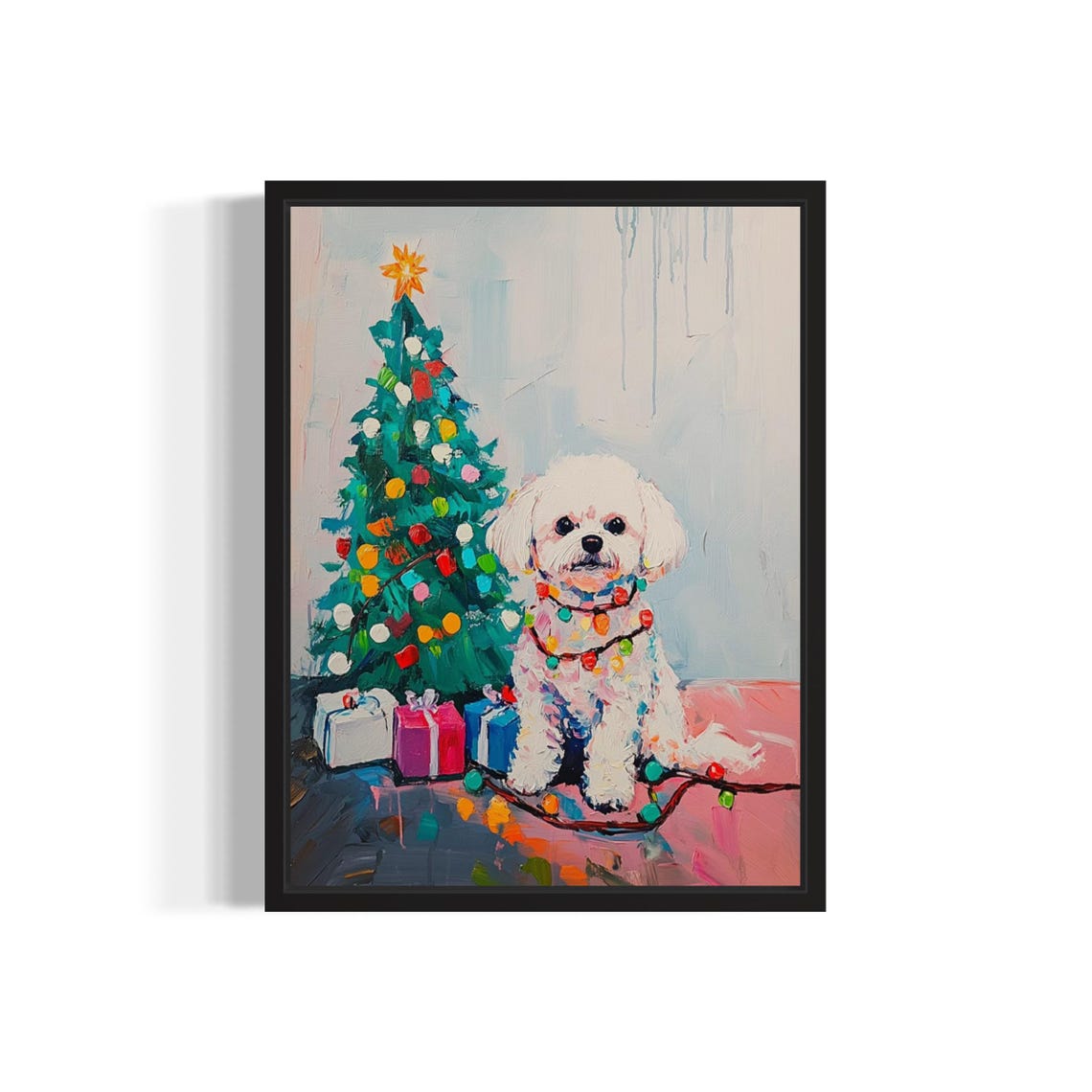 Bichon Frise Puppy Wrapped in Christmas Lights by Holiday Tree Poster