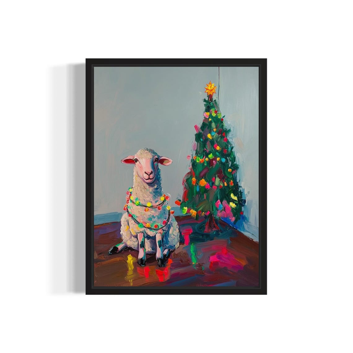 White Sheep Wrapped in Bright Christmas Lights Holiday Poster