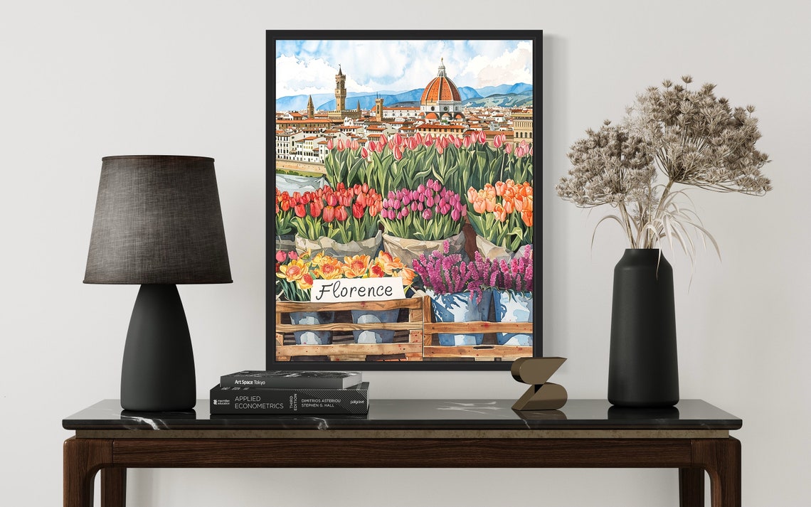 Florence Italy Duomo Dome Watercolor Tulip Market Scene Poster - Image 2