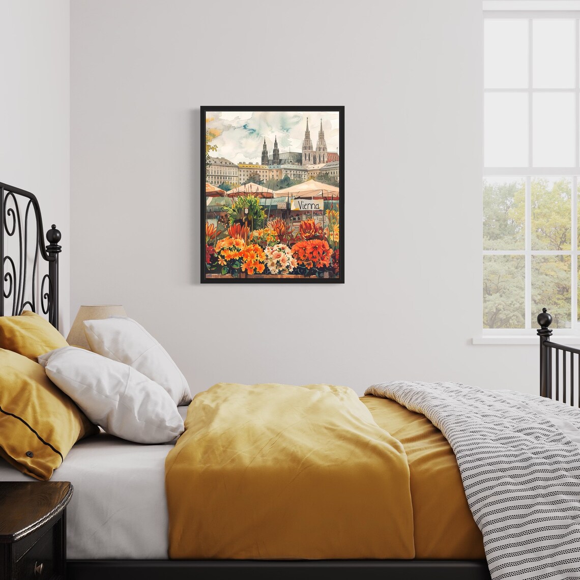 Vienna Austria Twin Church Spires Watercolor Flower Market Poster - Image 3