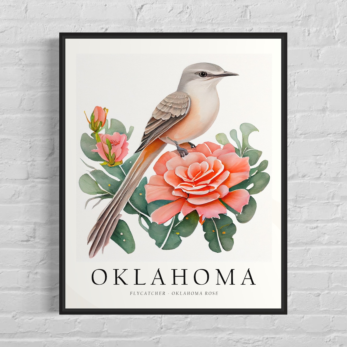 Oklahoma State Bird Art Print, State Flower Wall Art
