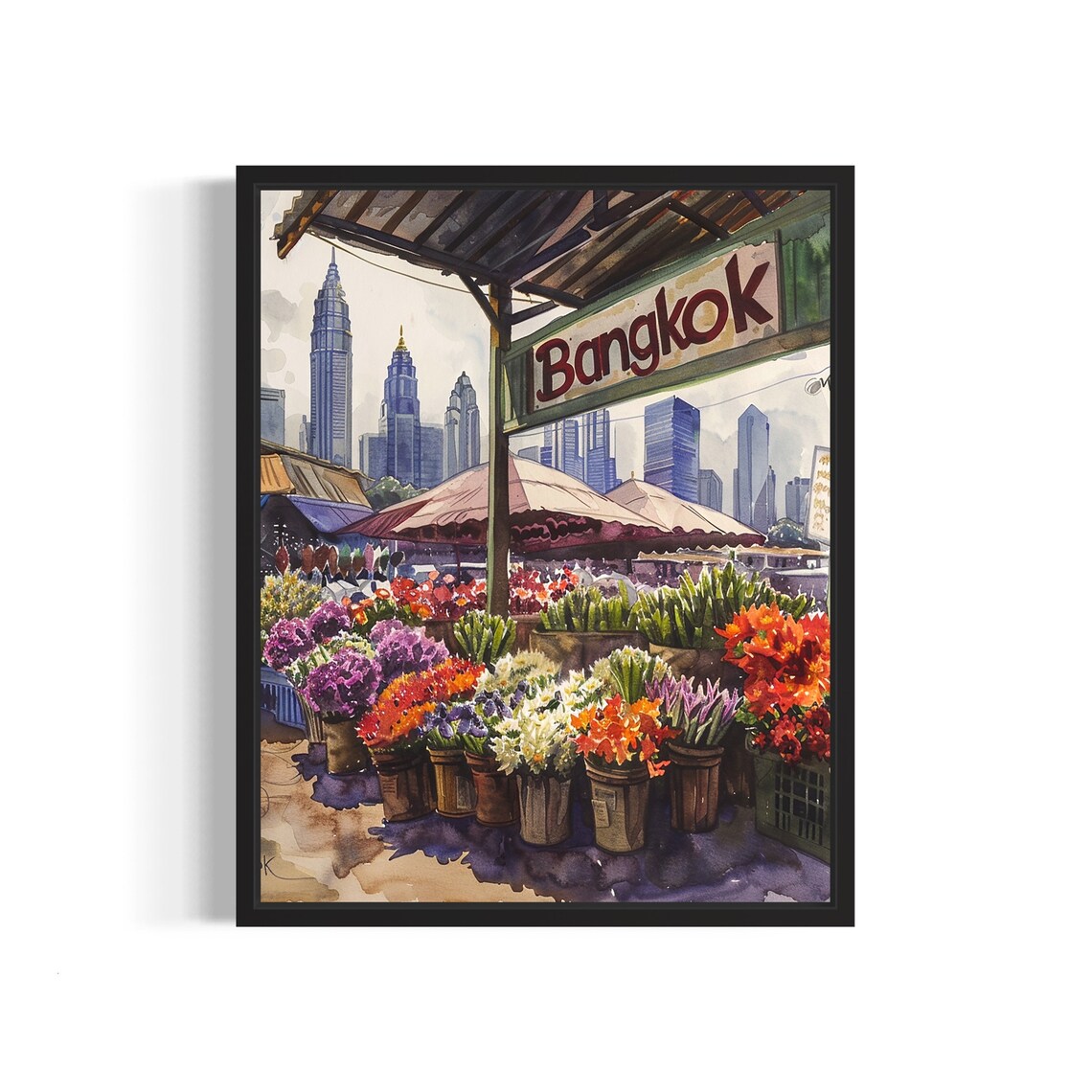 Bangkok Thailand Skyline Watercolor Flower Market Scene Poster
