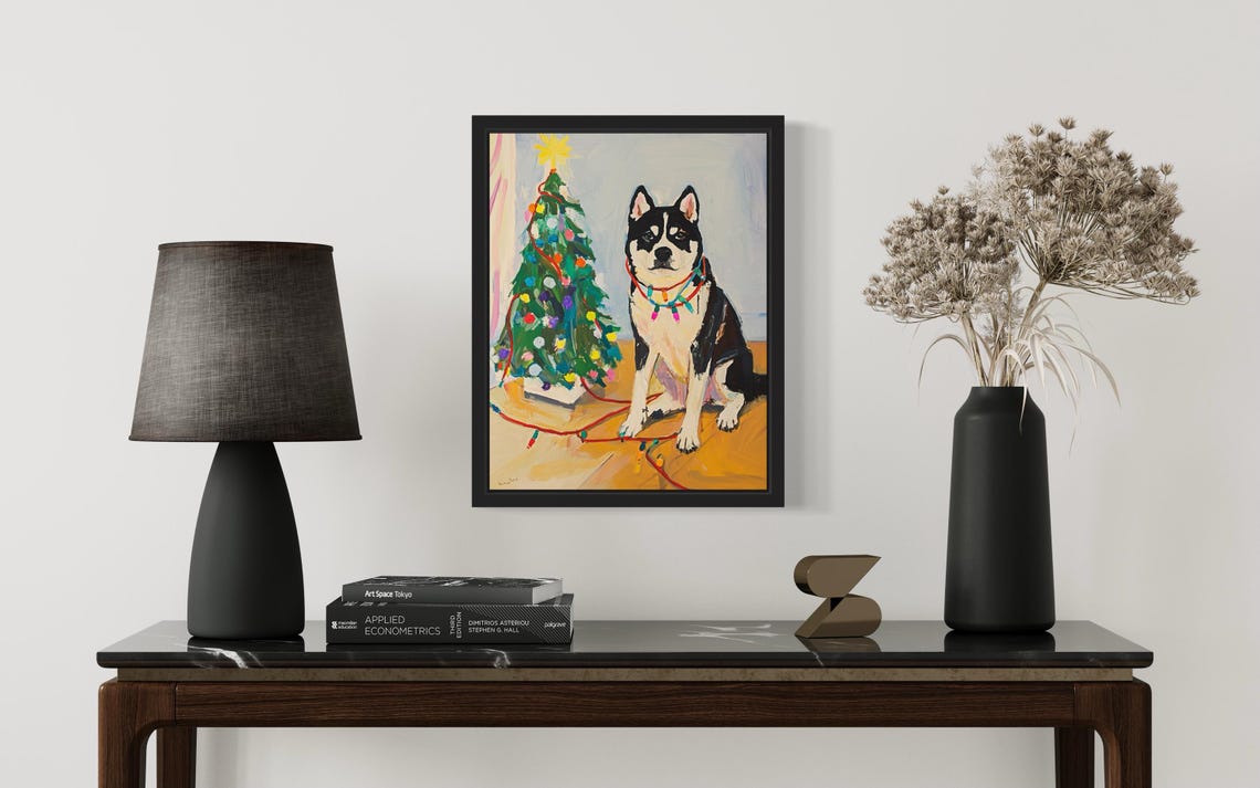 Siberian Husky Dog Tangled in Colorful Christmas Lights Holiday Poster - Image 3