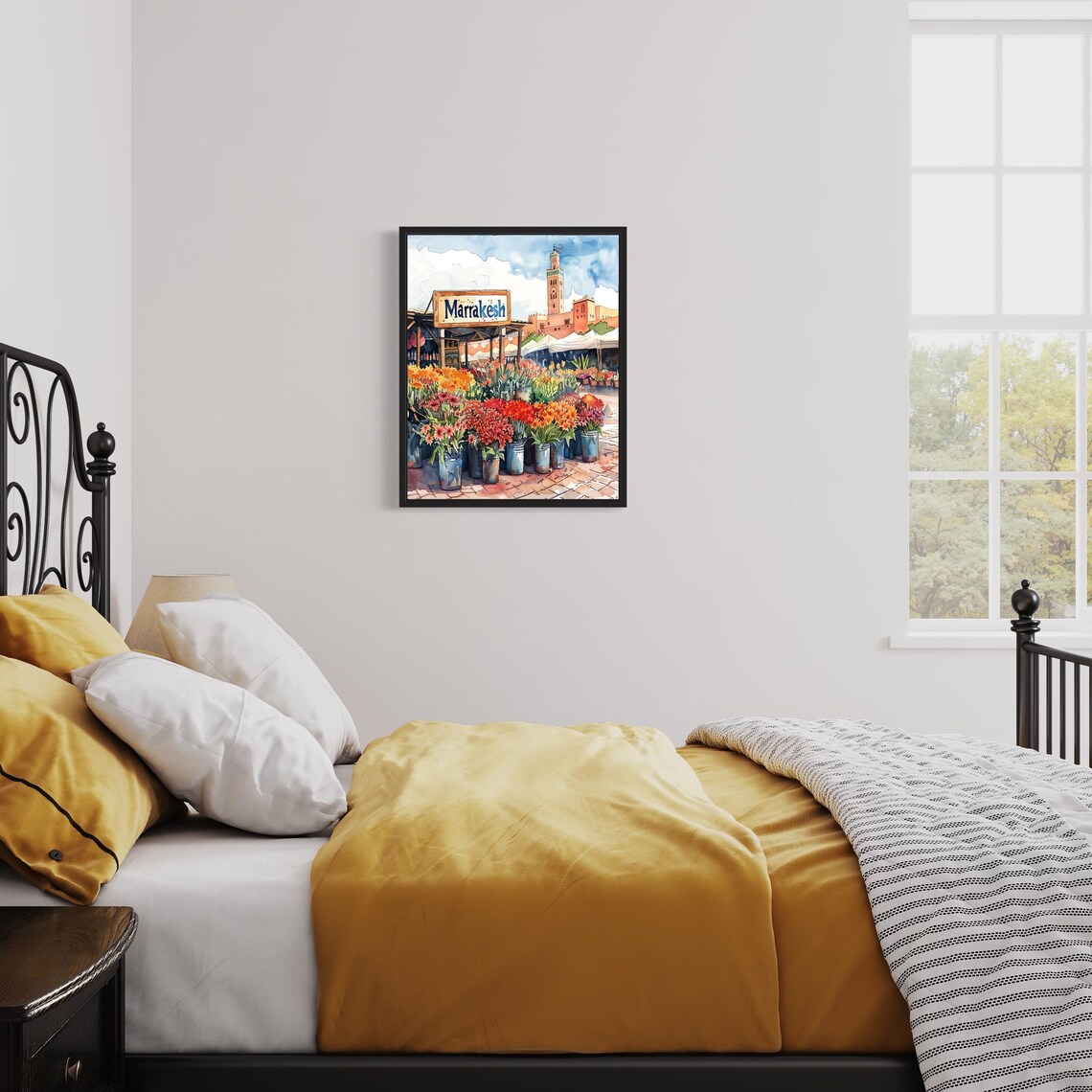 Marrakesh Morocco Minaret Watercolor Flower Market Scene Poster - Image 3