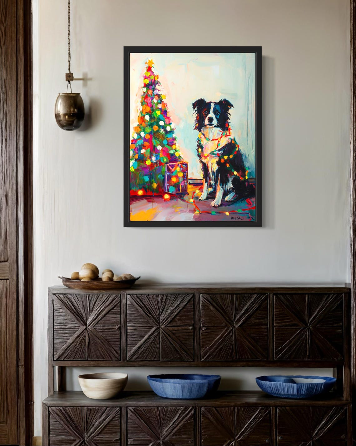 Rough Collie Dog Wrapped in Bright Christmas Lights Holiday Poster - Image 3
