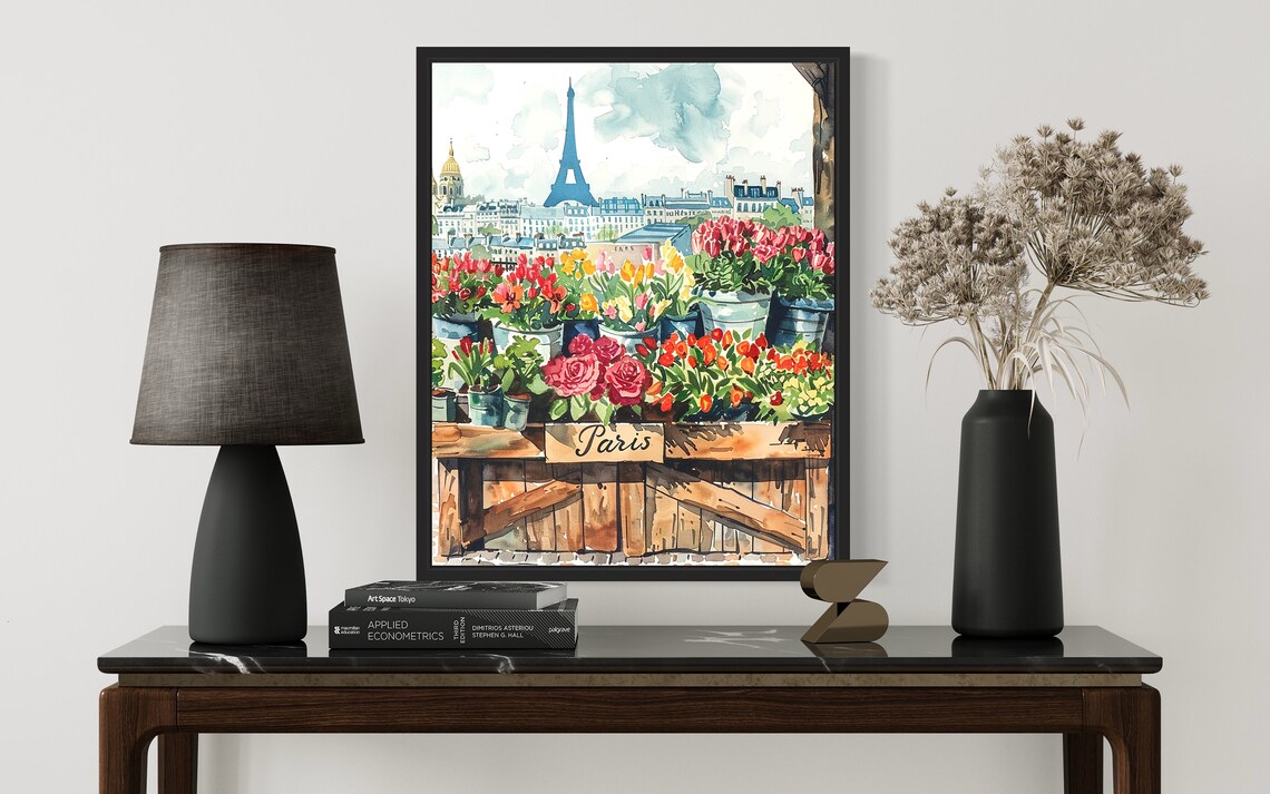 Paris France Eiffel Tower Watercolor Flower Market Scene Poster - Image 2