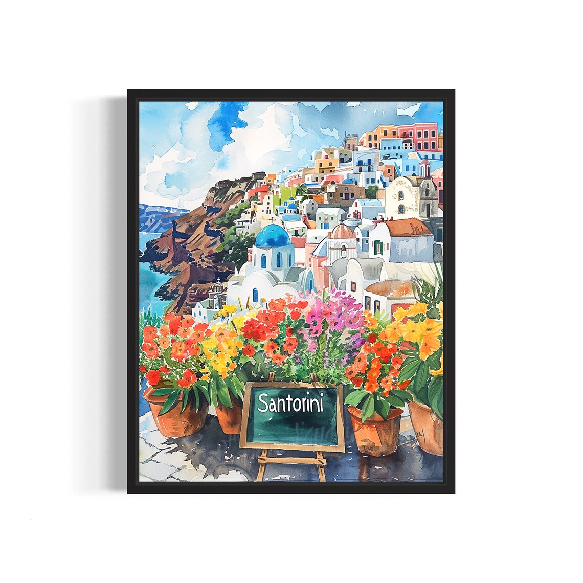 Santorini Flower Market Watercolor Poster Blue Dome Caldera View