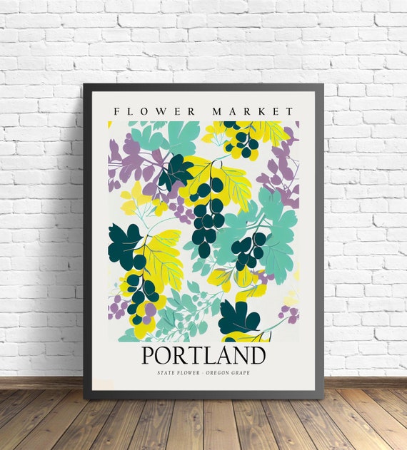 Portland Oregon State Flower Portland Flower Market Art Print Oregon Grape 1960s Wall Art Neutral Botanical Pastel Artwork