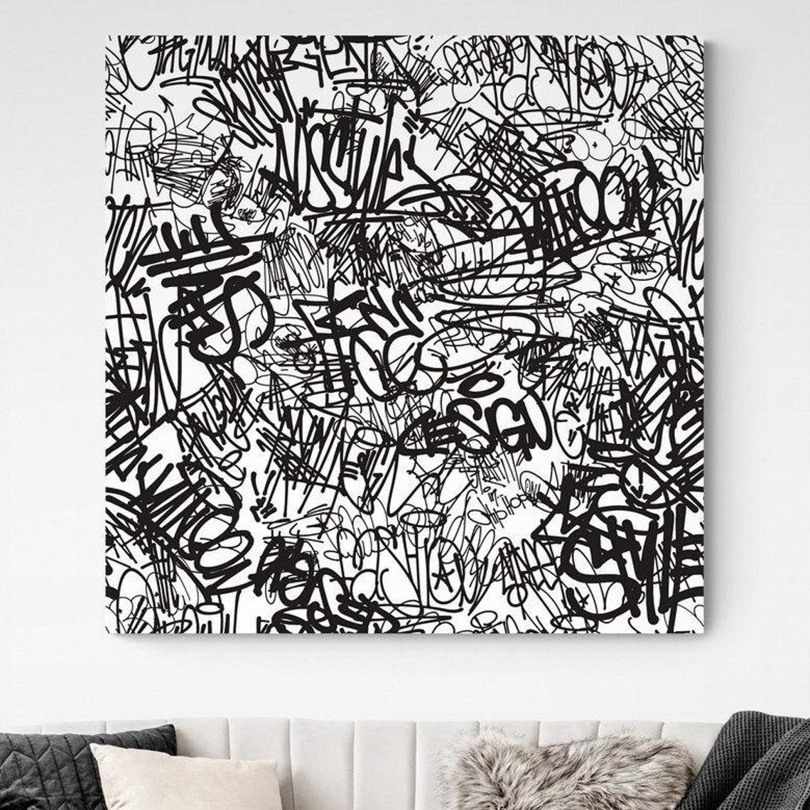 Graffiti Style Abstract Canvas Wall Art Black And White Line For Modern Home Decor