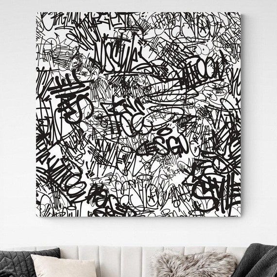 Graffiti Style Abstract Canvas Wall Art Black And White Line For Modern Home Decor