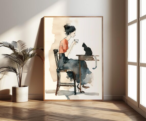Stylish Woman Drinking Coffee With Black Cat Watercolor Art Poster