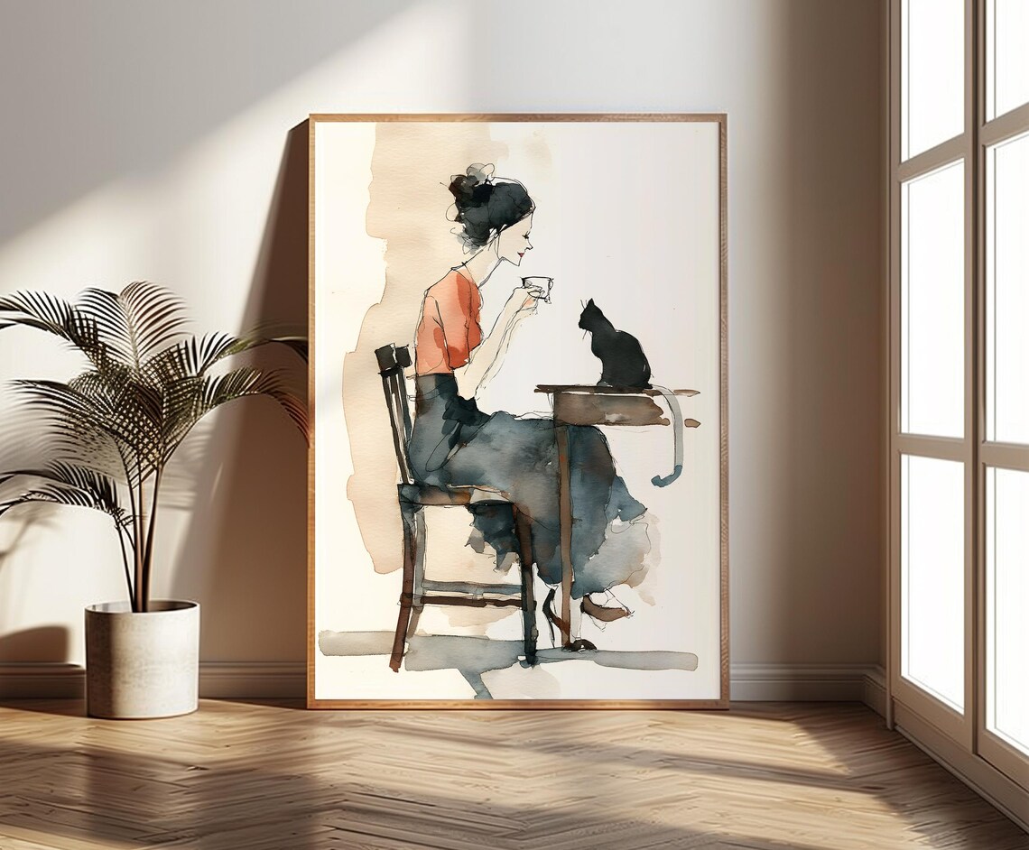 Stylish Woman Drinking Coffee With Black Cat Watercolor Art Poster