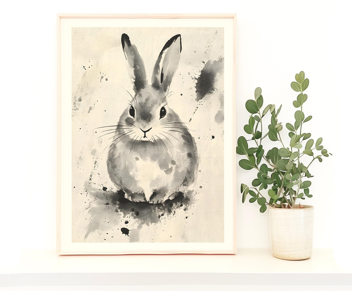 Cute Watercolor Rabbit, Black And White Minimalist Art Print
