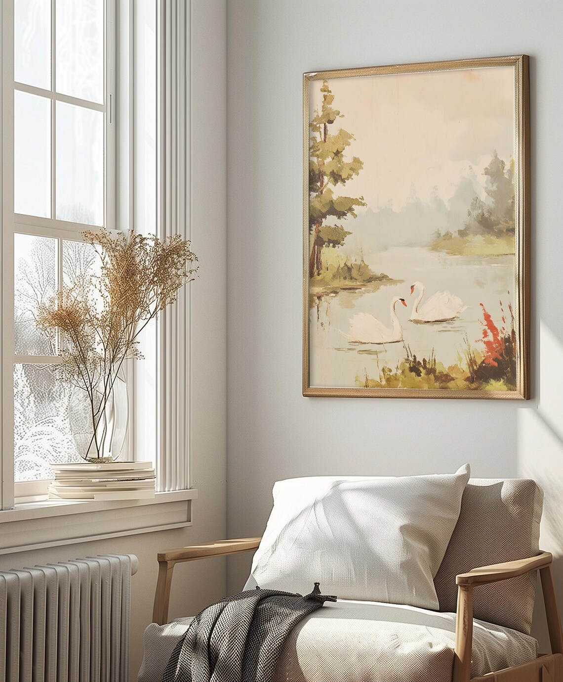 Elegant Swans Painting, Vintage Lake Landscape - Image 2