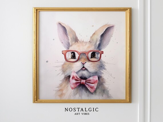 Adorable Watercolor Bunny With Glasses, Nursery Decor