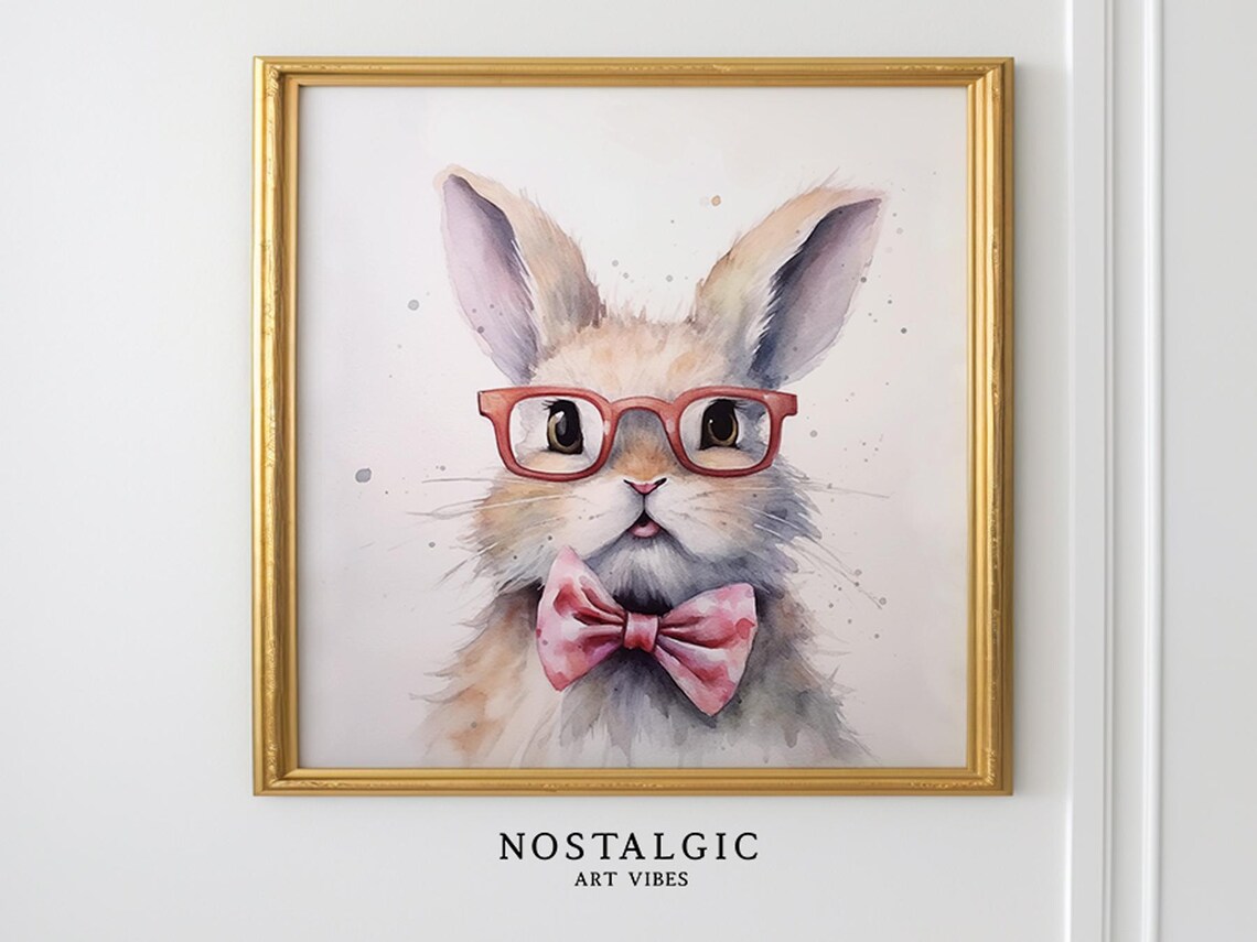 Adorable Watercolor Bunny With Glasses, Nursery Decor