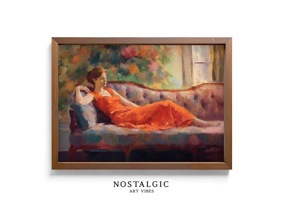 Woman in Orange Dress Reclining on Sofa Impressionist Poster