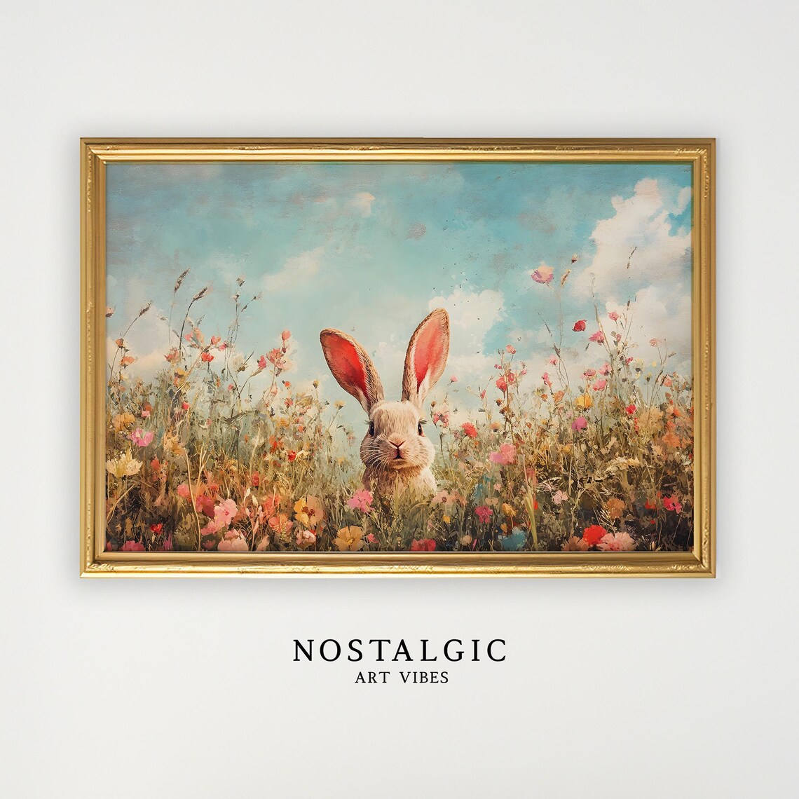 Cute Rabbit With Flowers, Whimsical Spring Art