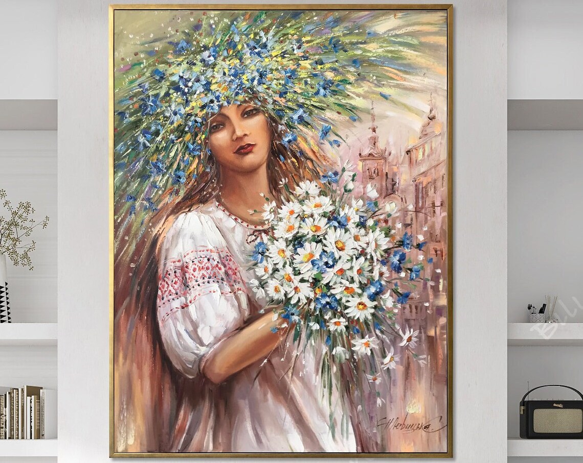Ukrainian Woman With Flowers, Oil Painting Art Print