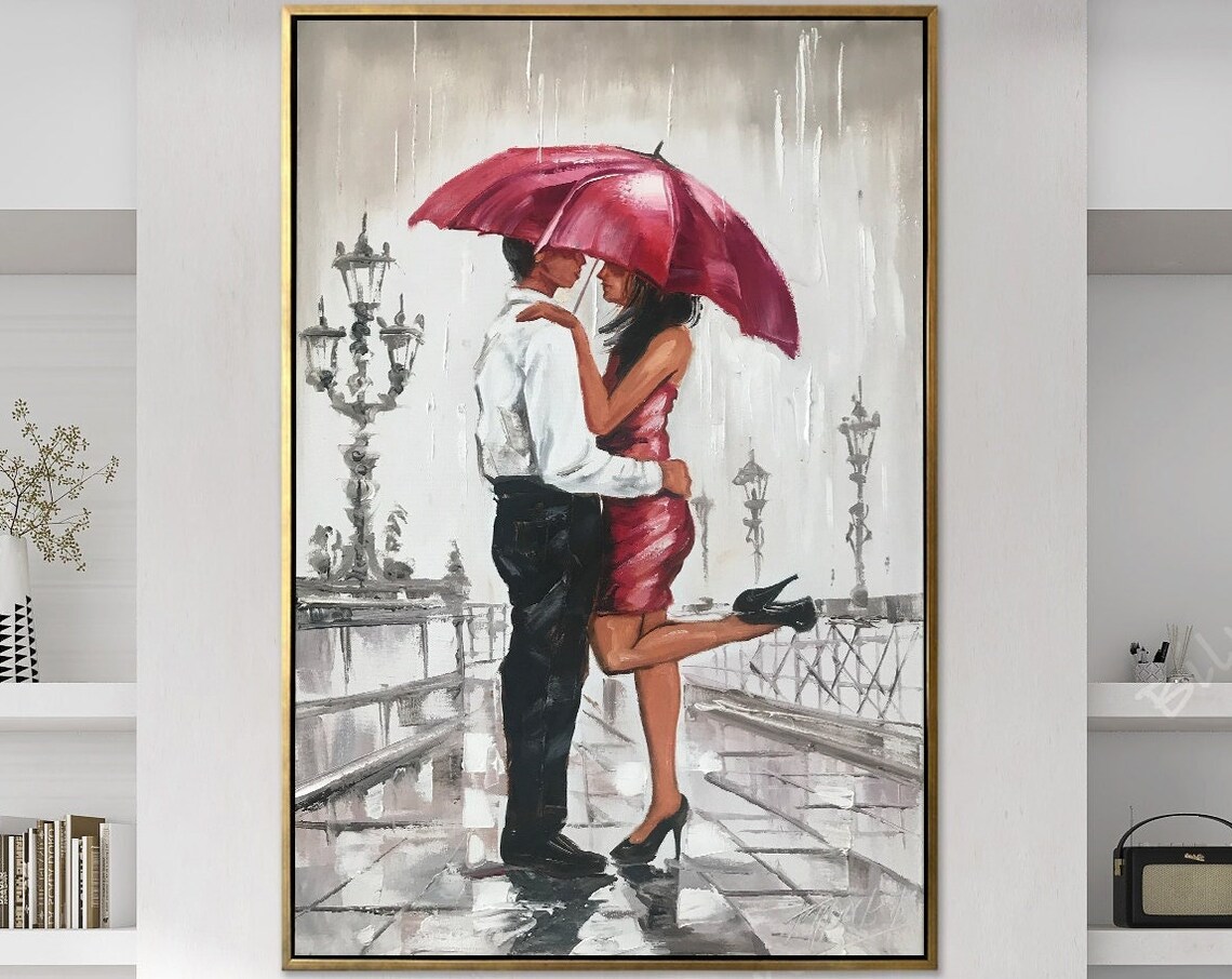 Couple Kissing Red Umbrella Rainy Street Oil Painting Romantic Poster