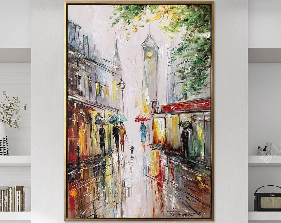 Rainy London Oil Painting Original Big Ben Painting On Autumn Rain London Artwork Rainy Day Wall Art People Under Umbrellas Painting - Image 3