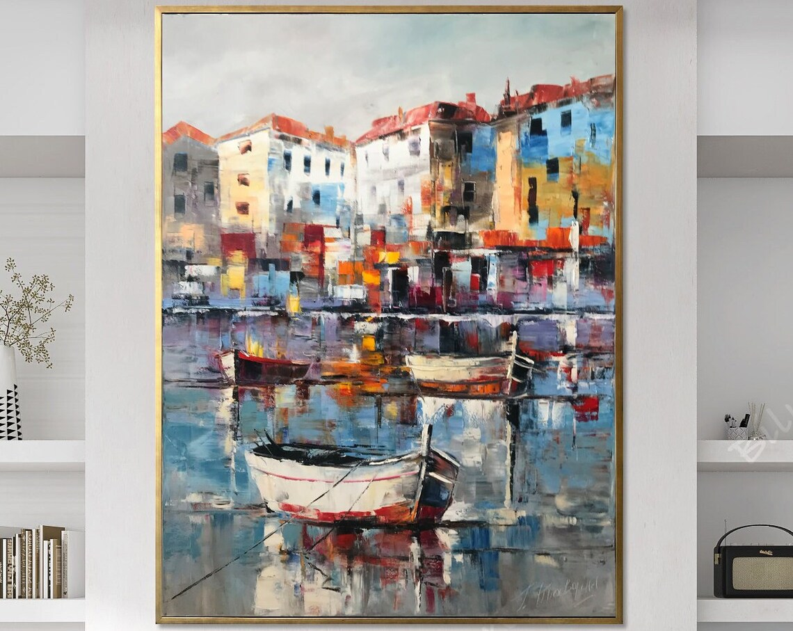 Harbor Boats Waterfront Buildings Abstract Oil Painting Coastal Poster - Image 2