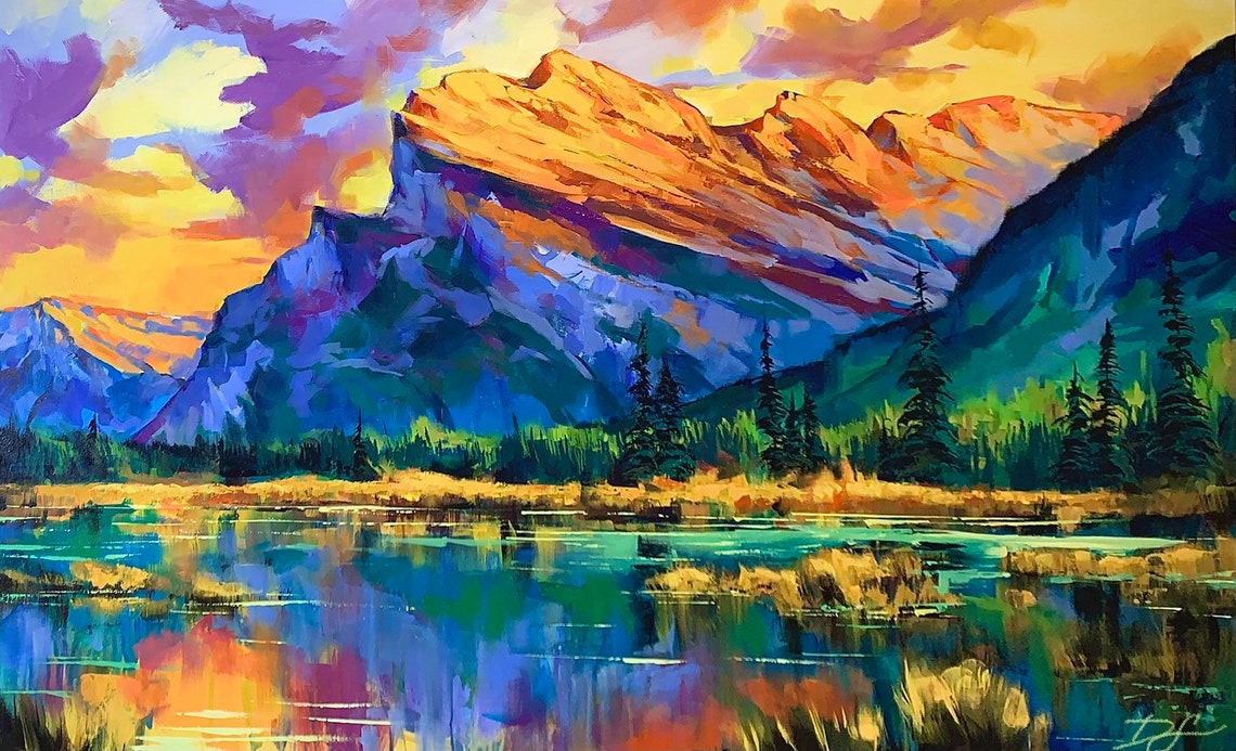 Vivid Sunset Mountain Lake Reflection Oil Painting Landscape Poster - Image 2