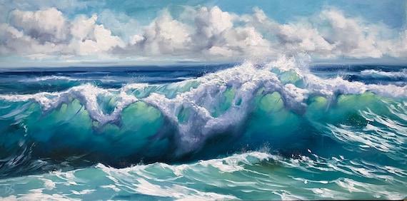Curling Turquoise Ocean Wave Under Bright Blue Sky With White Clouds Poster