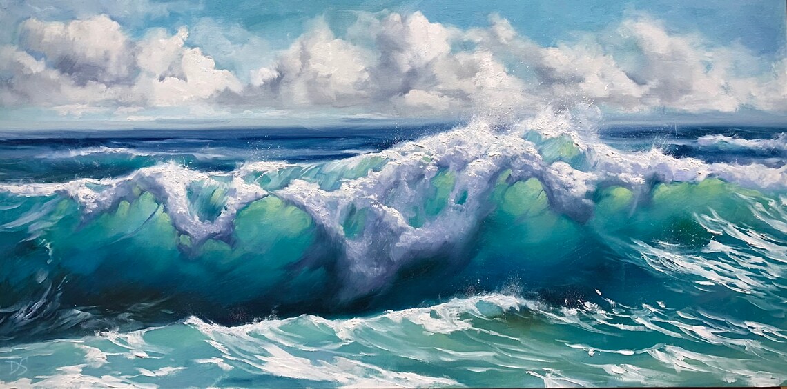 Curling Turquoise Ocean Wave Under Bright Blue Sky With White Clouds Poster