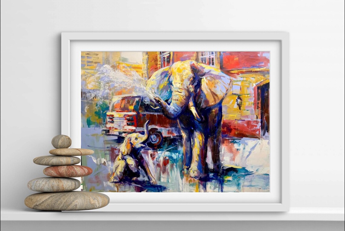 Elephant and Baby Elephant With Fire Truck City Street Painting Poster