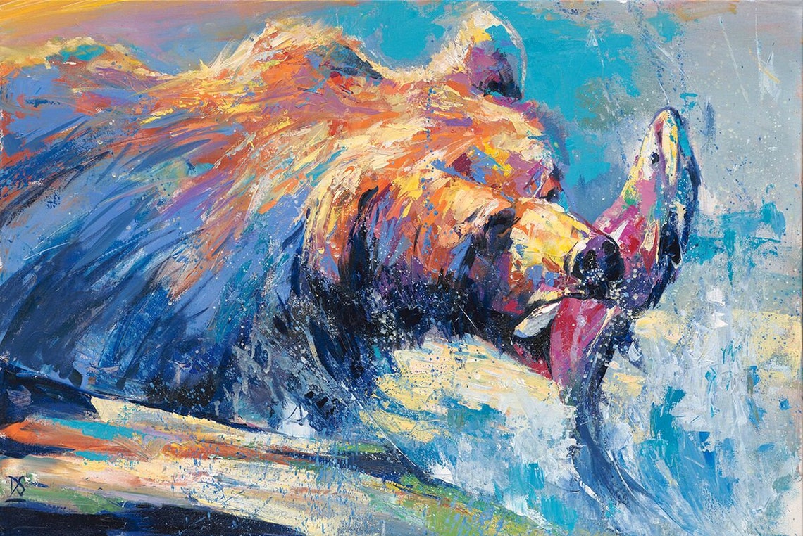 Brown Bear Catching Salmon Colorful Impressionist Wildlife Art Poster