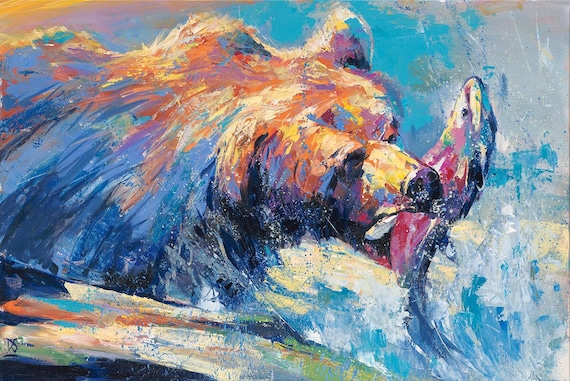 Brown Bear Catching Salmon Colorful Impressionist Wildlife Art Poster