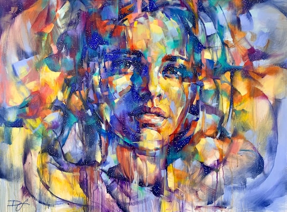 Colorful Abstract Woman Face Modern Cubist Style Oil Painting Poster