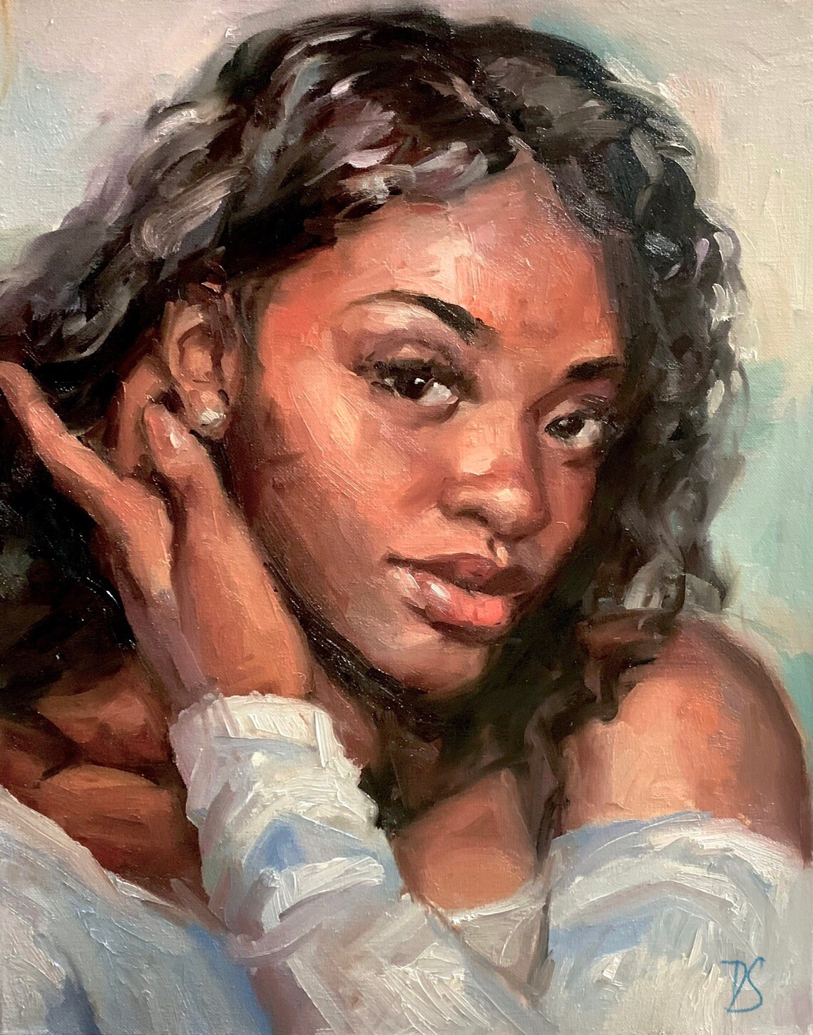 Young Woman Portrait Gentle Gaze Oil Painting Beauty Art Poster