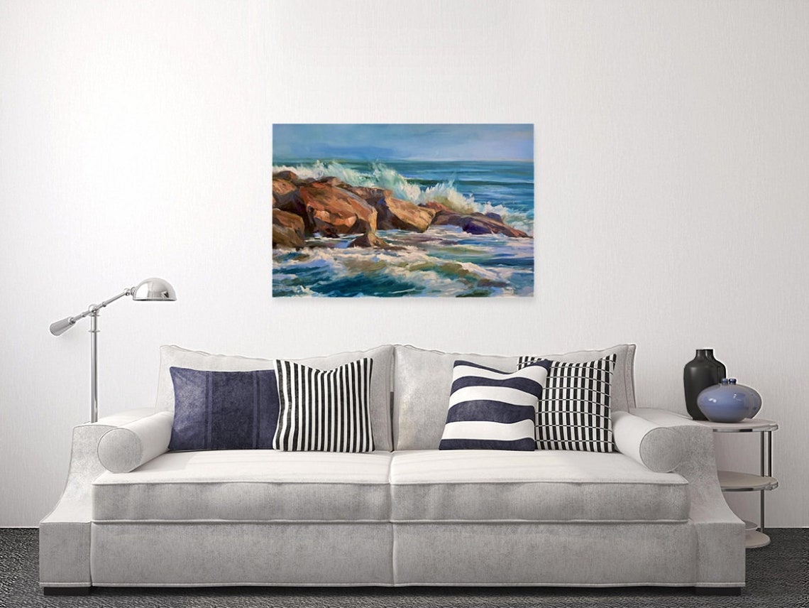Ocean Waves Breaking On Sunlit Red Rocks Bright Coastal Poster - Image 2