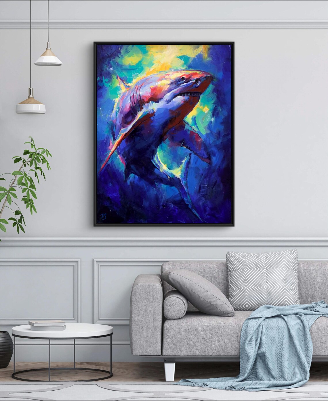 Vibrant Colorful Shark Abstract Ocean Oil Painting Art Poster - Image 2